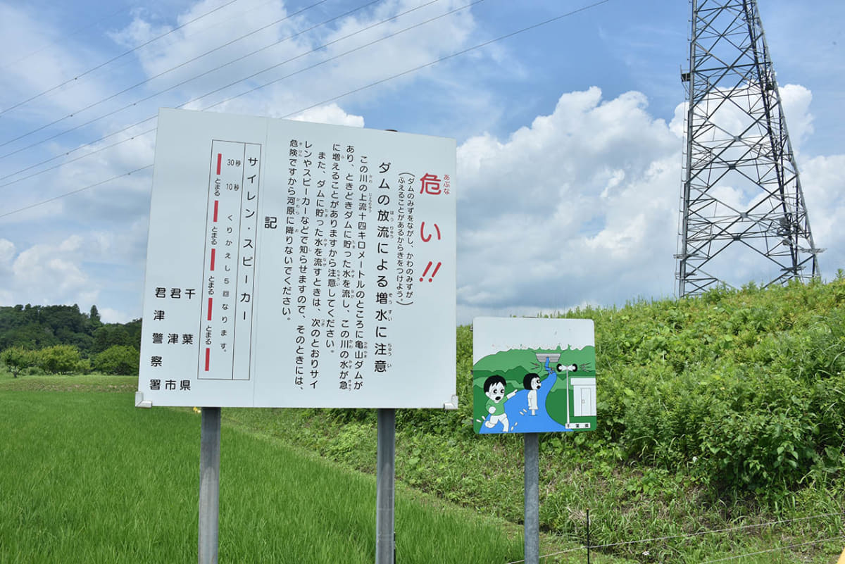 ダムの放流によって小櫃川が急に増水することがあると注意を呼びかける看板