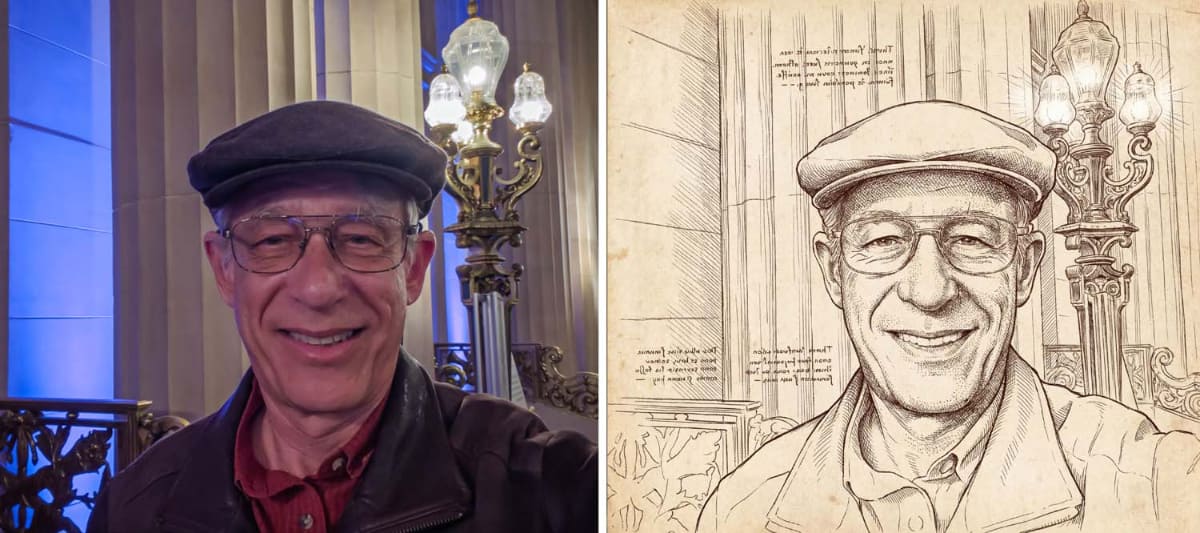 開発を指揮するマーク・レヴォイ氏。右はProject Indigoで「レオナルド・ダ・ビンチ風のペン画」にした例