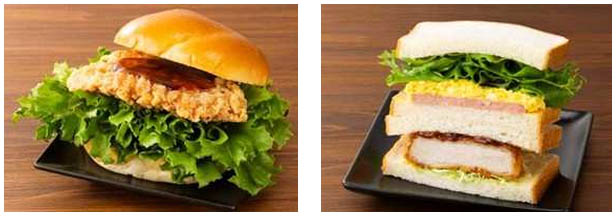(左)フリルレタス鶏竜田揚げバーガー、(右)厚切りカツ&フリルレタスサンド