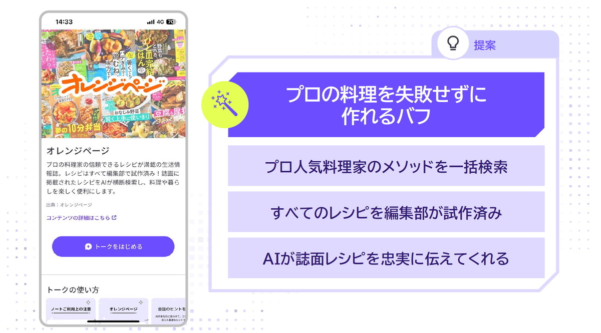 例えばオレンジページなら、試作済みの信頼できるレシピをAIで検索可能