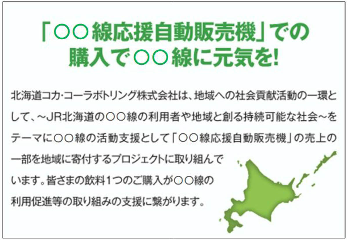 自動販売機の正面広告PR内容。○○には線区名が入る