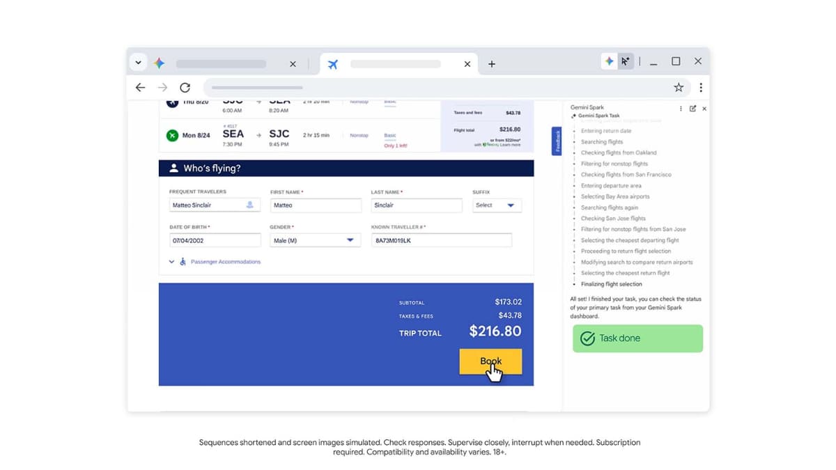ChromeのGemini Sparkで航空券の予約を依頼
