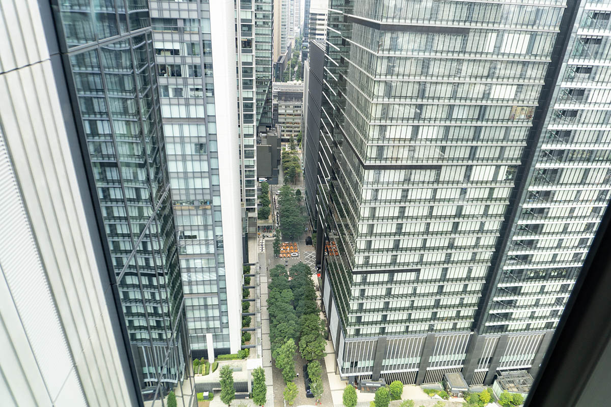 写真中央の緑がある道が、丸の内方面へと続く大手町仲通り。大手町ゲートビル24階から撮影