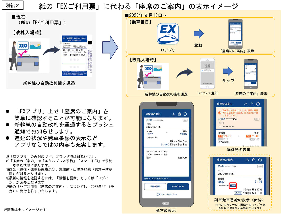 紙の「EXご利用票」に代わる「座席のご案内」の表示イメージ(出典：JR西日本)