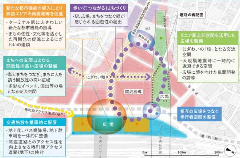 名古屋駅太閤通口の再開発計画。図面中央下の「広場」上部の交差点にビックカメラがある(<a href="https://www.city.nagoya.jp/shisei/keikaku/1009818/1009848/1009868.html">名古屋市資料</a>より)
