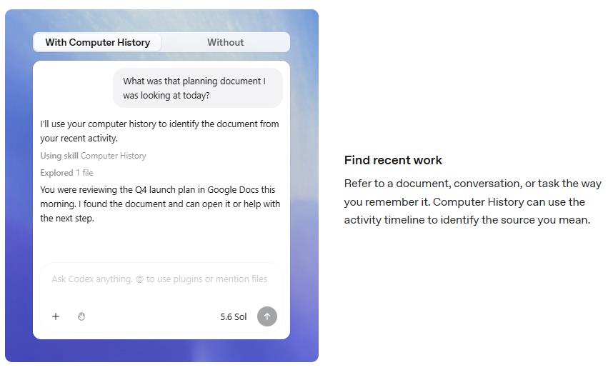 「Find recent work」で最近の文書やファイルを見つける様子