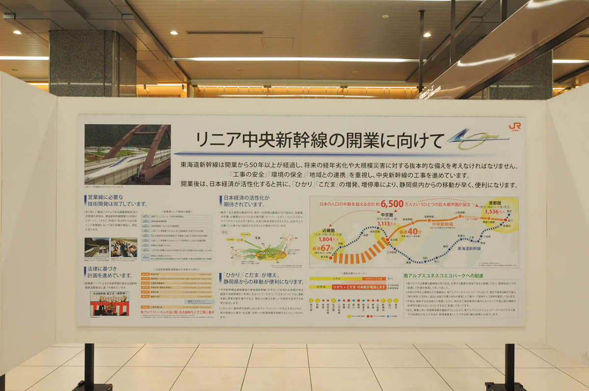 JR東海は静岡県民の理解を得るため、静岡駅構内にリニアの説明パネルを設置(21年3月撮影)