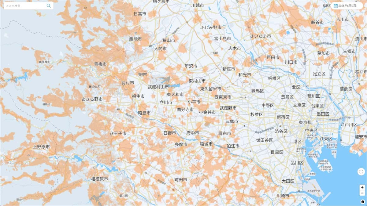 こちらはKDDIの提供するローミングのエリアマップ。東京都でも、23区外では依然としてローミングが行なわれていることが分かる