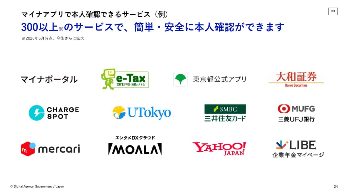 デジタル認証サービスに対応した多くのサービスでは、そのままマイナアプリに対応、スマートフォン単体で本人確認ができるようになる(提供：デジタル庁)