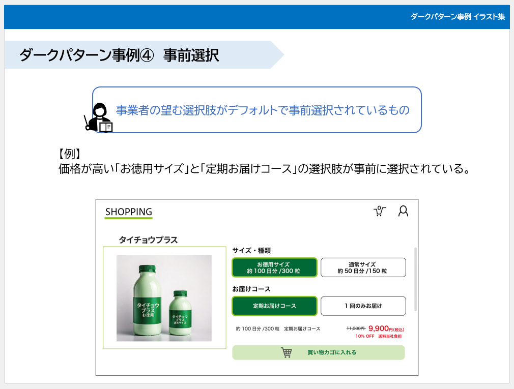 「事前選択」とはあらかじめ事業者が望む選択肢が選択されているもの(出所：消費者庁「<a href="https://www.caa.go.jp/policies/future/icprc/research_010/assets/caa_futurer101_0407_03.pdf">ダークパターン事例イラスト集</a>」)