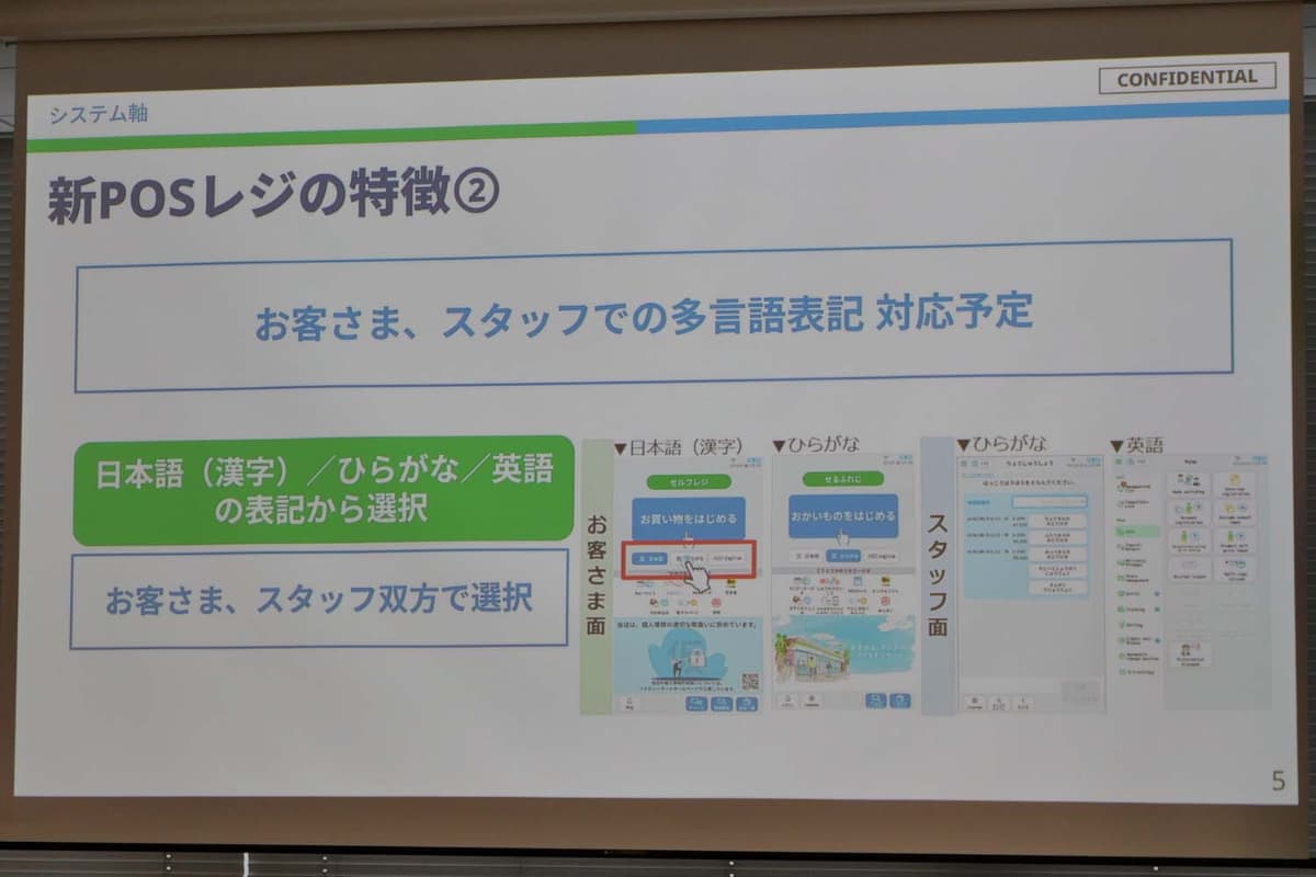 ディスプレイ表記は日本語(漢字、ひらがな)と英語表記に対応予定。店舗スタッフ、利用客双方で切替が可能