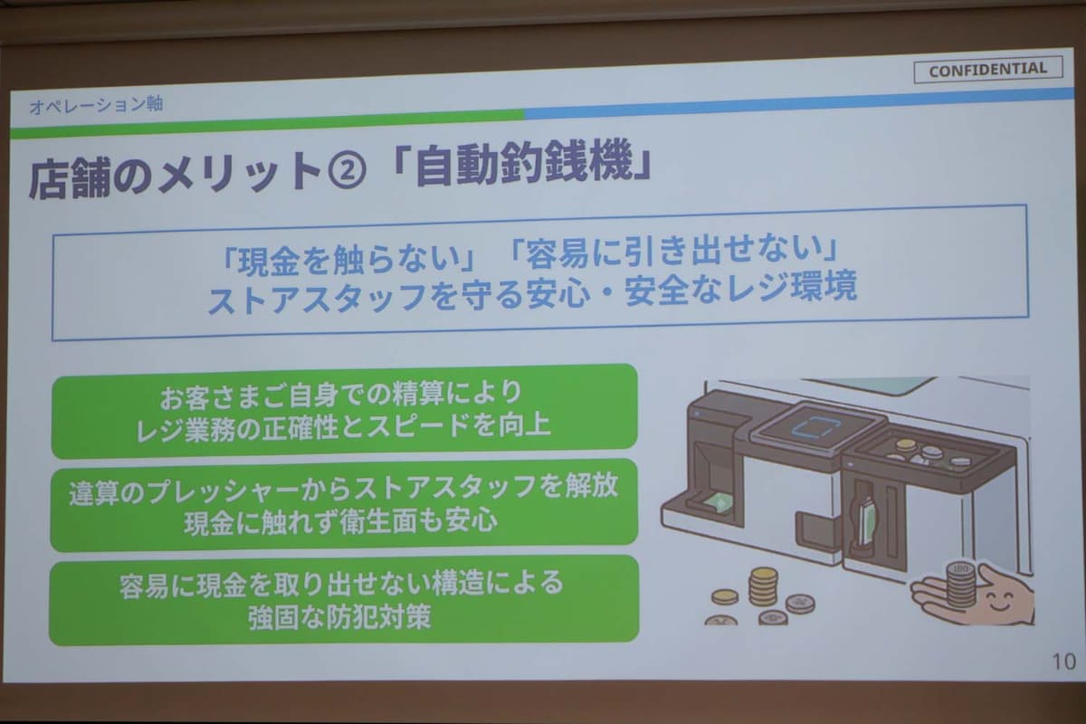 自動釣銭機の標準搭載により、店舗スタッフの現金管理の省力化、衛生面の向上、犯罪抑止を実現