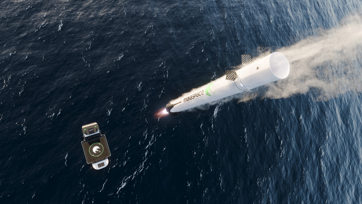 再使用可能な小型ロケットMaiaが海上に帰還、着水するイメージ(Credit: Maiaspace)