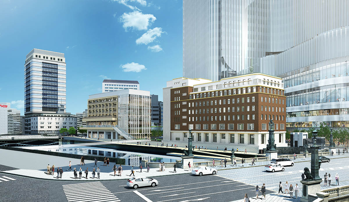 日本橋川沿い低層部外観イメージ(右からA街区、B街区)