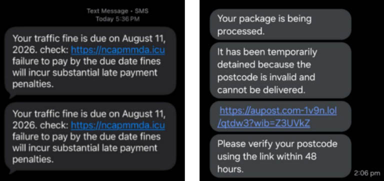 フィリピンの運輸関連の政府機関や、宅配サービスのAustralia Postを装うIron Man提供のSMSテンプレートの例