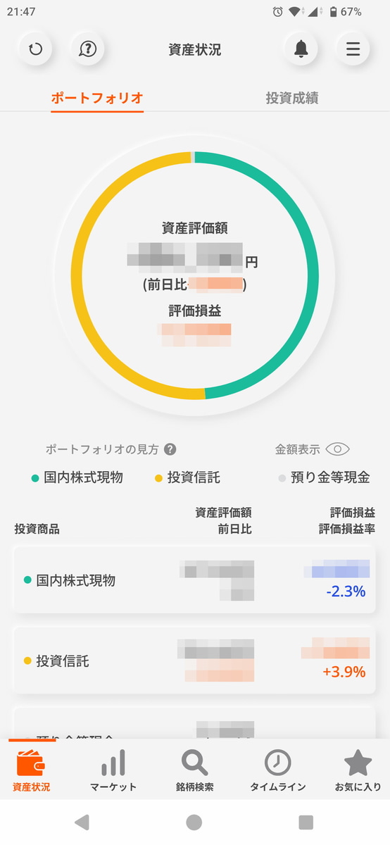 「三菱UFJ eスマート証券」のアプリ。購入した投資信託のひとつは上場投資信託(ETF)のため「国内株式現物」に分類されています