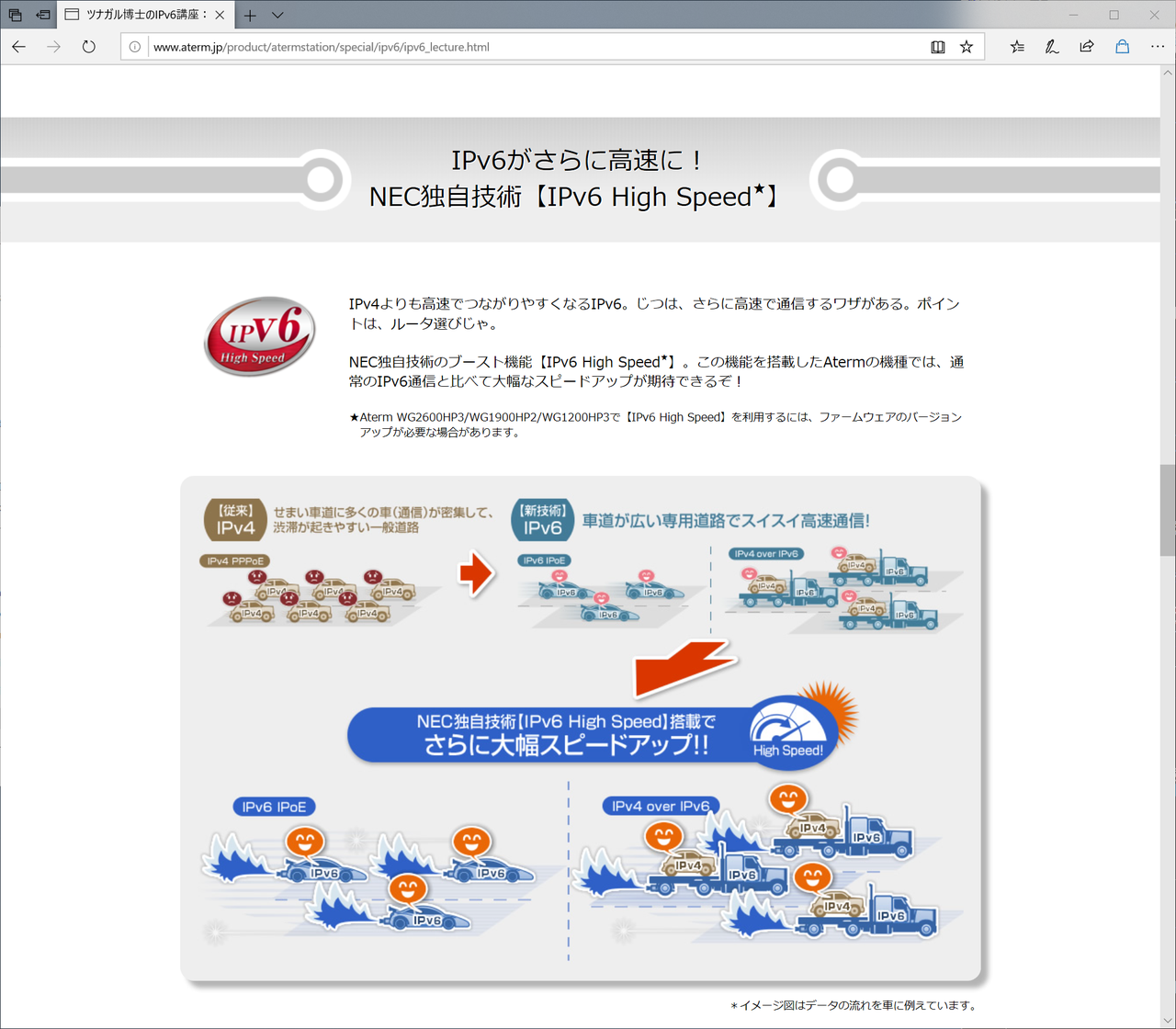 対応ファームウェアが公開されたNEC独自技術「IPv6 High Speed」。<a href="http://www.aterm.jp/product/atermstation/special/ipv6/ipv6_lecture.html" class="n" target="_blank">こちらのページ</a>で解説はされているが、具体的な改善内容は不明だ