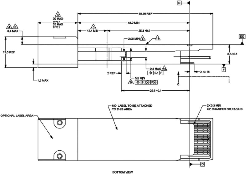 注釈には、Power class 1のcopper cableを利用する場合以外はQSFP-DDと同じ（copper cableを使う場合、底面の間隔が0.15mmまで許容される）とある。出典は<a href="http://www.qsfp-dd800.com/wp-content/uploads/2020/03/QSFP-DD-800-Hardware-1p0-3-6-20%20FINAL.pdf" class="strong bn" target="_blank">QSFP-DD800 Specification Rev 1.0</a>のFigure 3-1