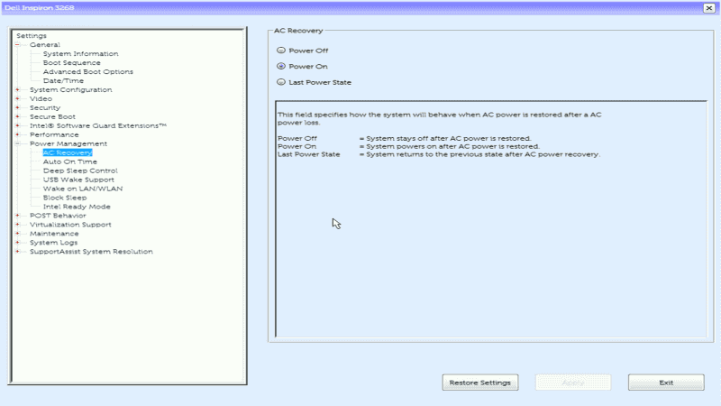 会社で利用しているPCでは、BIOSの「AC Recovery」という項目で、電力供給が再開された際の動作を設定できた