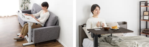 ワンタッチで角度や高さを調節可能な昇降式サイドテーブル、タンスの