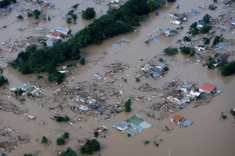 筆者がStable Diffusionに「Japan、flood damage、aerial images」とプロンプトを入れて出力した画像の例