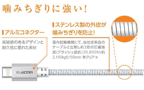 ペットが噛んでも断線しにくいステンレス外皮のUSBケーブル4製品