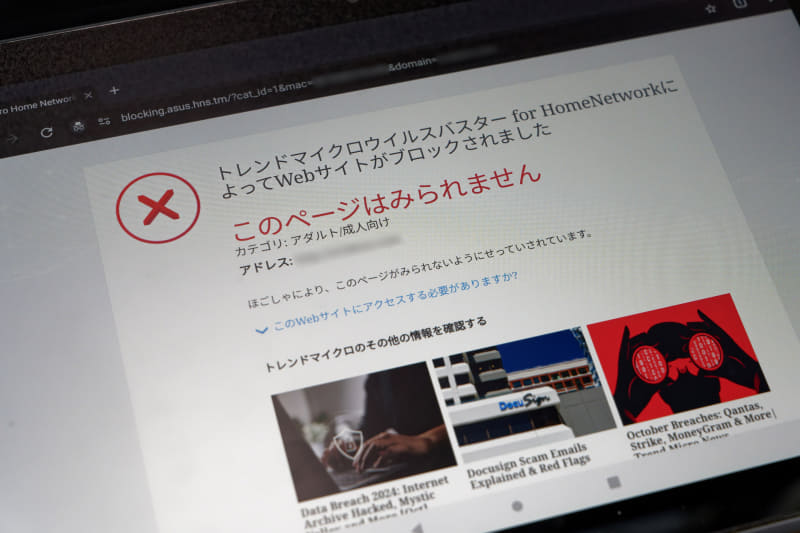 フィルタリングされたコンテンツにアクセス使用とすると、デバイスではこのような表示になる