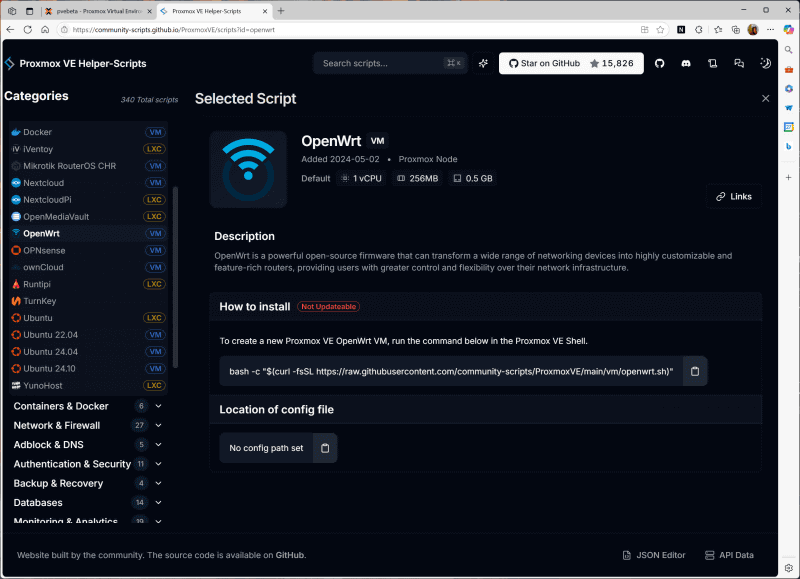 「To create a new Proxmox VE OpenWrt VM…」以下にあるスクリプトをコピー