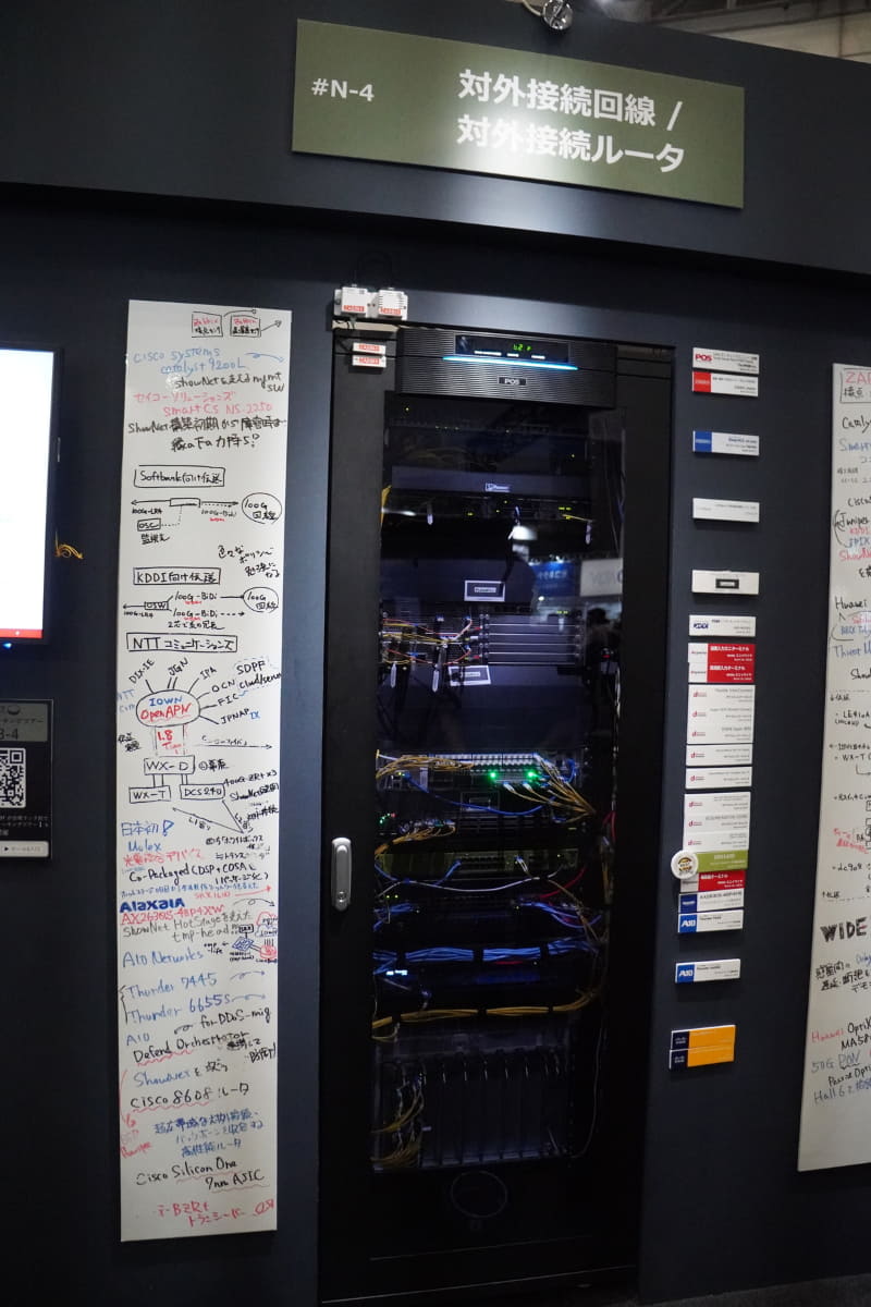 ShowNetブースのラックに設置されたネットワーク機器
