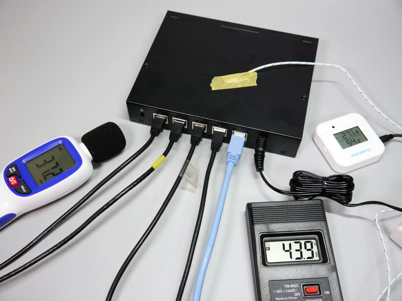 LXW-10G5のテストの様子。温度は40℃を超えたが、負荷や室温が閾値に達していないからかファンは無回転のままだった