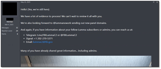 Lummaのテレグラムグループで共有されたFBIのメッセージ