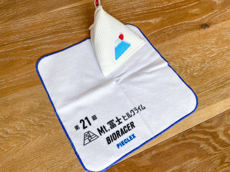 参加賞としてピエクレックス素材を使ったハンドタオルと大会限定デザインの「ピエクレックス マグちゃん」もいただけた