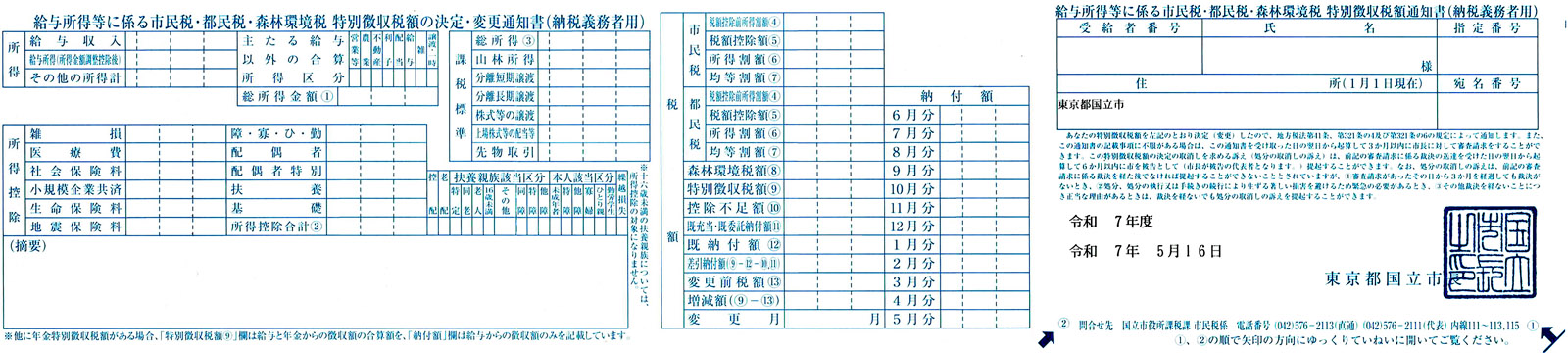 東京都国立市の会社員「給与所得等に係る市民税・都民税・森林環境税 特別徴収税額の決定・変更通知書」		給与所得等に係る市民税・都民税・森林環境税 特別徴収税額の決定通知書（東京都国立市）