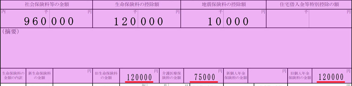 上段は左から社会保険料控除、生命保険料控除、地震保険料控除。下段は支払った生命保険料（赤線）		源泉徴収票に記載された社会保険料控除、生命保険料控除、地震保険料控除、生命保険料の支払額