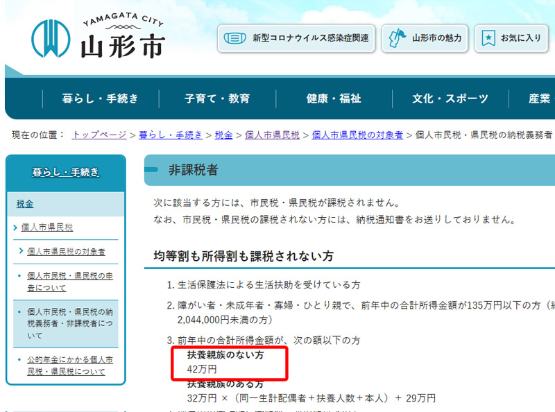 山形県山形市は所得42万円（給与収入97万円）以下で非課税		山形県山形市の市民税・県民税についての説明ページ