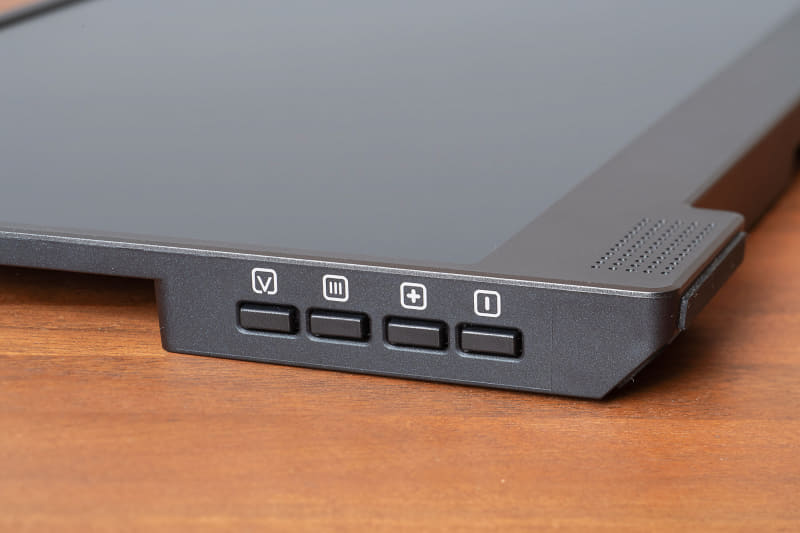 本体左側面には明るさや音量などを調整できるボタン