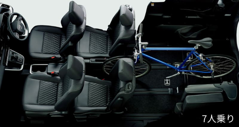 画像はトヨタ ノアの自転車車載イメージ。7人乗り、8人乗りとも対応するが、2列目も使えないので2名乗車になってしまう