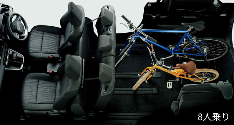 画像はトヨタ ノアの自転車車載イメージ。7人乗り、8人乗りとも対応するが、2列目も使えないので2名乗車になってしまう