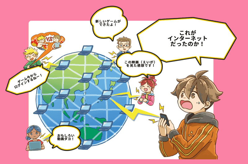 IIJが公開している子ども向けコンテンツ「KIDS IIJ」の「<a href="https://www.iij.ad.jp/kids/1-1/" class="strong bn" target="_blank">そもそもインターネットってなぁに？</a>」に掲載されているインターネットのイメージ。インターネットに接続した世界中のコンピューターを使って、各地の人が自由にコミュニケーションしています