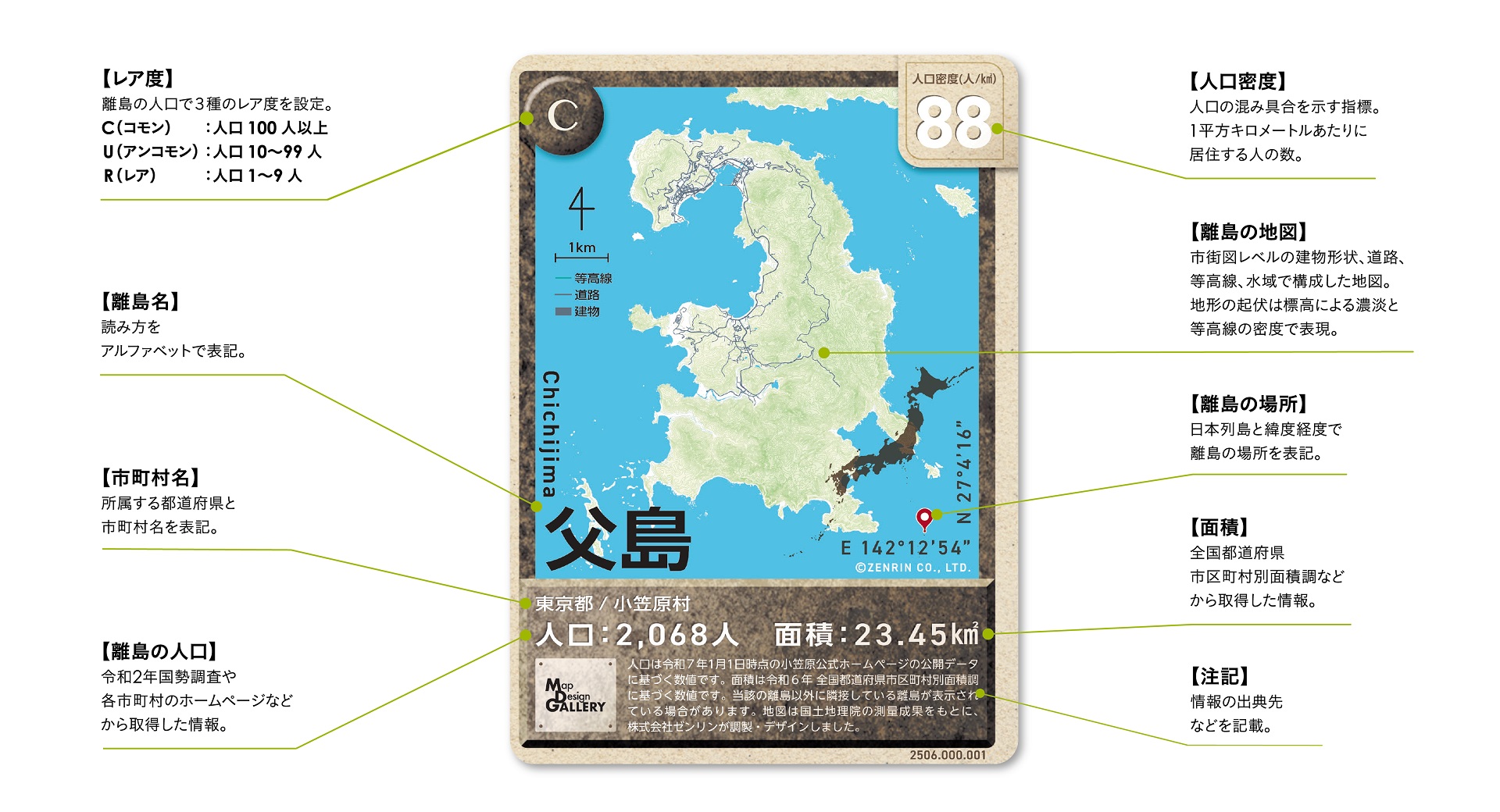 これがゼンリンによる地図のトレーディングカードだ！ 「Map Design GALLERY CARD/有人離島」図解