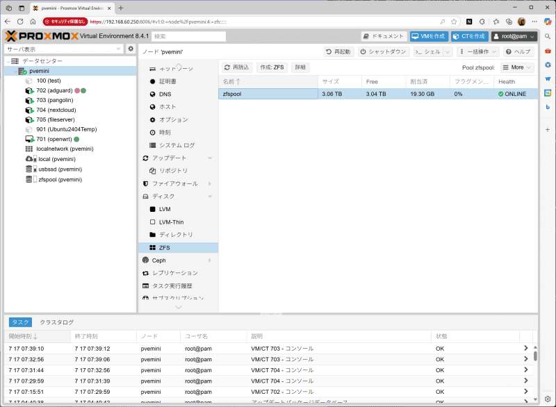 Proxmox VEの構成。ZFSのRAIDZ2で6本のSSDを構成している