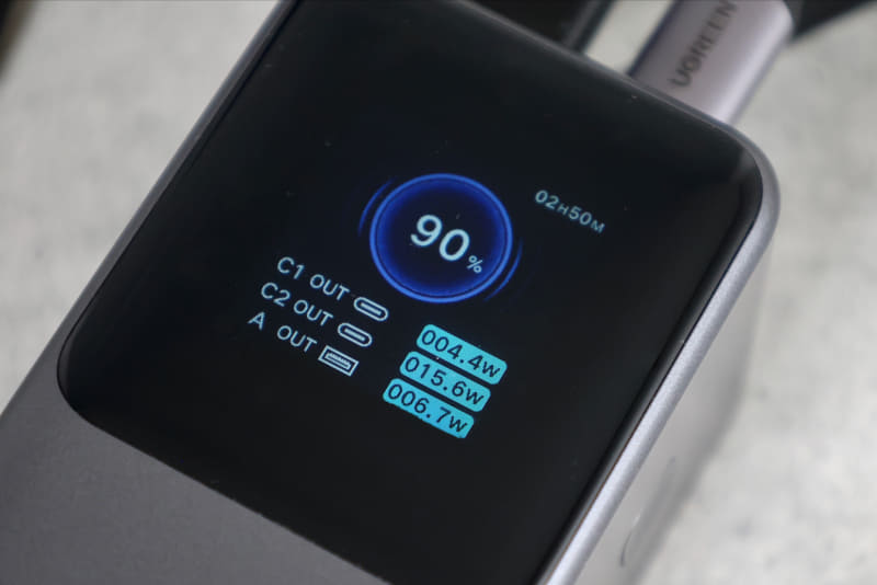 各ポートで何W使っているかが表示される。また、右上にはこの状況のままであと何時間利用できるかが表示される