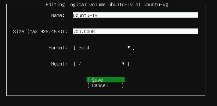 今回は928.457Gまで使えるが、700GBに設定しておいた