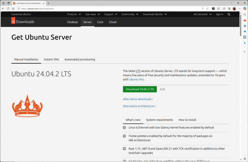 Ubuntu Server 24.04 LTSをダウンロード