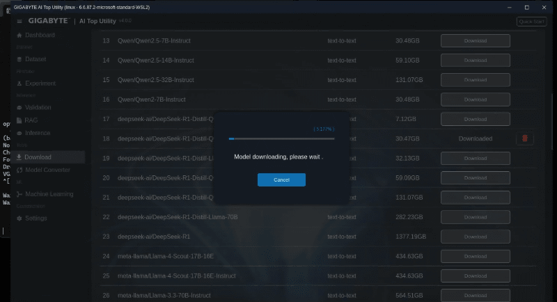 モデルをダウンロード中。ありとあらゆる有名AIモデルがリストされています。