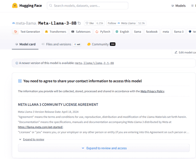 Llamaの場合、モデルライセンスへの同意をHugging Face上で行う必要がある
