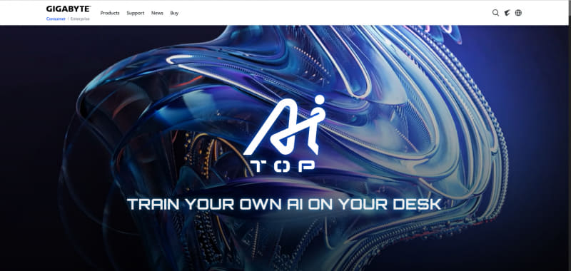 GIGABYTEのAIブランド「<a href="https://www.gigabyte.com/Consumer/Ai-top/" class="strong nb" target="_blank">AI TOP</a>」。AI演算向けに最適化されたビデオカードやマザーボード、SSD、電源、ケースなどがラインナップされており、これらを使ってAIの学習・推論環境を手軽に構築できるソフトウェア「AI TOP Utility」も用意されている