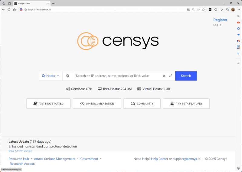 search.censys.ioのページ。NASのダイナミックDNSのホスト名で検索してみると結果がわかる