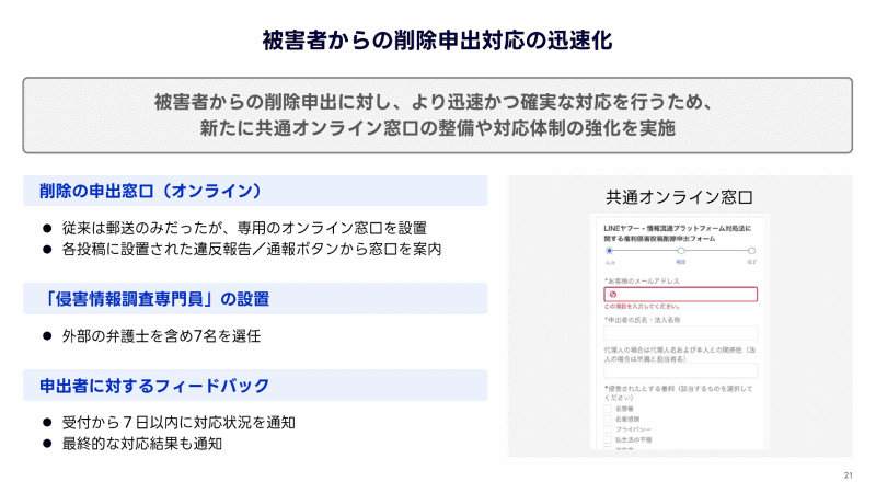 被害者が削除申出できるよう、共通オンライン窓口を設置。また、侵害情報捜査専門員の配置や申出者に対するフィードバックを実施している