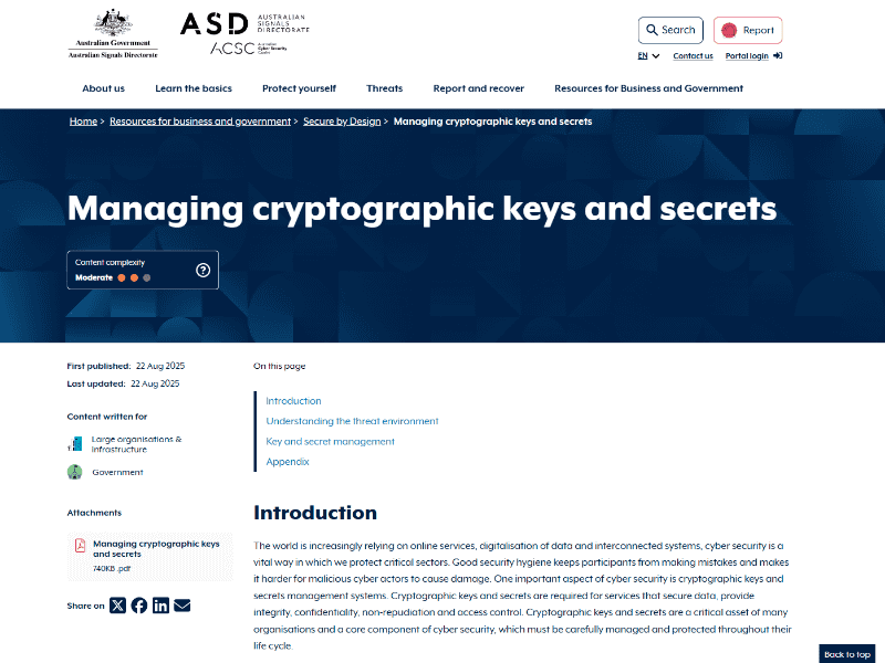 <a href="https://www.cyber.gov.au/resources-business-and-government/governance-and-user-education/secure-by-design/managing-cryptographic-keys-and-secrets" class="strong bn" target="_blank">Managing cryptographic keys and secrets（ASD）</a>より